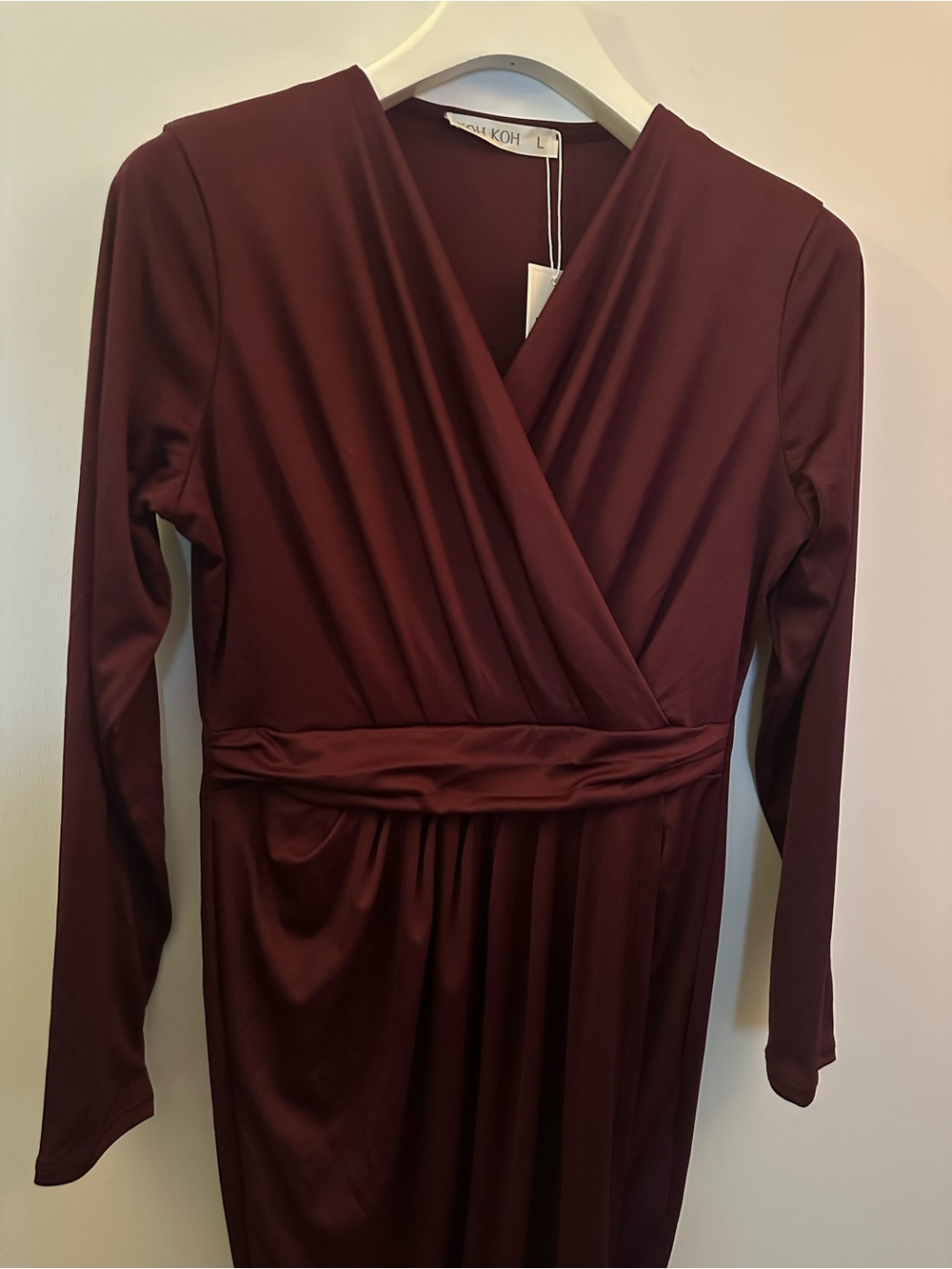 KOH KOH | Long Sleeve Wrap Maxi Dress in Burgundy - Picture 2 of 5